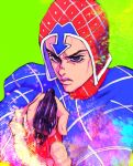  1boy argyle argyle_sweater black_eyes green_background guido_mista gun hat highres jojo_no_kimyou_na_bouken male_focus motion_lines pointing_gun revolver ruushii_(lucy_steel6969) solo sweater vento_aureo weapon 