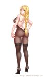  1girl agrias_oaks ass blonde_hair bodysuit braid breasts covered_nipples erebar final_fantasy final_fantasy_tactics full_body hand_on_own_ass high_heels highres impossible_bodysuit impossible_clothes looking_at_viewer looking_back medium_breasts pantyhose protected_link simple_background solo thighs yellow_eyes 
