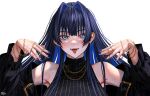  1girl black_hair black_jacket blue_eyes blue_hair blue_nails breasts chain colored_inner_hair gold_chain hair_intakes hands_up highres hololive hololive_english jacket jewelry large_breasts long_hair looking_at_viewer multicolored_hair off_shoulder official_alternate_hair_length official_alternate_hairstyle open_mouth ouro_kronii shirt sleeveless sleeveless_shirt solo steb teeth tongue tongue_out upper_body virtual_youtuber 