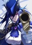  1girl aiming aiming_at_viewer blue_cape blue_hair blue_headwear breasts cape clorinde_(genshin_impact) dark_blue_hair epaulettes feathers genshin_impact gloves hat hat_feather highres kutsuda_miru large_breasts multicolored_hair pointing_gun purple_eyes serious shirt shoulder_cape solo streaked_hair tricorne twitter_username uniform white_gloves white_shirt 