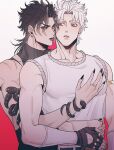  2boys alternate_color alternate_hair_color black_hair black_lips black_nails closed_mouth dio_brando earrings fingerless_gloves gloves hako_iix07 hug jewelry jojo_no_kimyou_na_bouken jonathan_joestar long_hair looking_at_another male_focus multiple_boys muscular muscular_male parted_lips phantom_blood red_eyes ring shirt short_hair stardust_crusaders white_shirt yaoi 