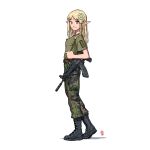  absurdres assault_rifle belt blonde_hair boots braid camouflage combat_boots elf flower full_body gun hair_flower hair_ornament highres military military_uniform ostwindprojekt pants pointy_ears red_eyes rifle rk95 sako_rk_95_(upotte!!) side_braid single_braid sling smile uniform upotte!! weapon 