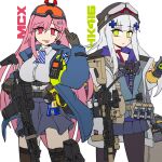  2girls absurdres assault_rifle beach black_headwear blue_jacket blue_skirt breasts brown_gloves brown_pantyhose brown_thighhighs character_name closed_mouth collared_shirt commentary dress_shirt earrings facial_mark girls&#039;_frontline gloves goggles goggles_on_head goggles_on_headwear green_eyes grey_gloves grey_hair grey_jacket grey_shirt gun h&amp;k_hk416 hair_between_eyes hair_ornament hairclip heart heart_earrings highres hk416_(girls&#039;_frontline) holding holding_gun holding_weapon hood hood_down hoodie jacket jestami jewelry long_sleeves medium_breasts multiple_girls object_hug open_clothes open_jacket pantyhose pleated_skirt puffy_long_sleeves puffy_sleeves purple_hoodie red_eyes rifle shirt sig_mcx_(girls&#039;_frontline) sig_sauer_mcx simple_background skirt thighhighs weapon white_background 