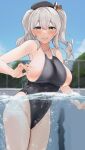  1girl absurdres armpits beret blue_eyes breasts cleavage closed_mouth competition_swimsuit covered_navel grey_hair hat highleg highres in_water kantai_collection kashima_(kancolle) large_breasts looking_at_viewer one-piece_swimsuit pool side_ponytail sideboob solo swimsuit wasavi_8 