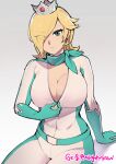  1girl absurdres artist_name biker_clothes biker_rosalina bikesuit blonde_hair blue_eyes blue_scarf bodysuit breasts cleavage crown earrings eyes_visible_through_hair ge-b gloves hair_over_one_eye highres jewelry large_breasts long_hair looking_at_viewer mario_(series) mario_kart partially_unzipped rosalina scarf smile solo star_(symbol) star_earrings twitter_username 