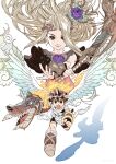  1boy 1girl angel angel_wings brown_hair flower hair_flower hair_ornament holding holding_staff kid_icarus kid_icarus_uprising laurel_crown light_brown_hair long_hair looking_at_viewer noguchi_toshio open_mouth pit_(kid_icarus) purple_flower running shadow signature simple_background smile staff very_long_hair viridi white_background wings 