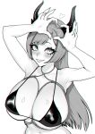  1girl armpits arms_up artist_name bikini brassica breasts commission fingernails greyscale heart heart_hands highres horns large_breasts long_hair monochrome navel original sharp_fingernails shibari shiny_skin smile solo swimsuit thick_eyelashes upper_body 