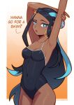  alternate_costume armpits arms_up bare_shoulders black_hair black_one-piece_swimsuit blue_eyes blue_hair breasts cleavage cowboy_shot dark_skin earrings english_text gradient_background groin jewelry long_hair looking_at_viewer multicolored_hair nessa_(pokemon) one-piece_swimsuit open_mouth orange_background outline patreon_username pokemon pokemon_(game) pokemon_swsh raised_eyebrows satelyte speech_bubble streaked_hair stretching swimsuit talking tight_clothes 