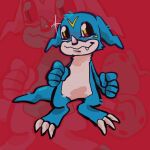  5_fingers ambiguous_gender bandai_namco benswd blue_body claws digimon digimon_(species) facial_horn facial_markings fingers fist head_markings hi_res horn markings multicolored_body nose_horn red_eyes smile solo standing tail toe_claws two_tone_body veemon white_body yellow_markings 