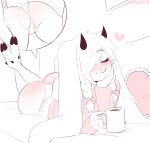  &lt;3 anthro big_ears bovid butt camel_toe caprine clothed clothing cloven_hooves crossed_legs eyes_closed female goat heart_pillow hi_res hooves long_ears lying mammal monochrome mug on_front panies partially_clothed pillow sataenart smile solo sweater topwear 