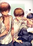  ! 3boys backpack bag black_hair blue_pants brown_eyes chi_no closed_mouth collarbone crossed_bangs dress_shirt frown glasses hair_between_eyes hand_up kanou_tenzen long_hair mitani_ryouichi multiple_boys muscular muscular_male open_clothes open_mouth open_shirt pants ponytail pornography purple_eyes reading shirt short_hair short_sleeves simple_background sitting smile spoken_exclamation_mark squiggle standing summer_pockets takahara_hairi white_background white_shirt 