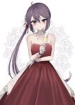  1girl akebono_(kancolle) blush breasts collarbone cowboy_shot cup dress drinking_glass flower hair_flower hair_ornament kantai_collection long_hair purple_eyes purple_hair red_dress side_ponytail small_breasts smile solo very_long_hair white_background wine_glass yamashichi_(mtseven) 