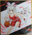  1girl alternate_costume ball basketball basketball_(object) black_background bow breasts cleavage commentary commission english_commentary fujiwara_no_mokou hair_bow highres long_hair looking_to_the_side parted_lips photo_(medium) rano_(u_rano) red_eyes red_footwear red_shirt red_shorts second-party_source shirt shorts sleeveless sleeveless_shirt solo touhou traditional_media two-tone_background very_long_hair white_background white_bow white_hair wristband 