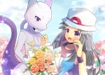  1girl :d bare_shoulders blue_camisole blue_sky blurry blurry_background blush bouquet breasts camisole closed_mouth cloud cloudy_sky collarbone commentary_request commission day depth_of_field flower grey_eyes grey_hair kou_hiyoyo leaf_(pokemon) long_hair mewtwo orange_flower orange_rose outdoors pokemon pokemon_(creature) pokemon_(game) pokemon_frlg purple_eyes rose skeb_commission sky small_breasts smile very_long_hair white_flower white_headwear white_rose wrist_cuffs yellow_flower yellow_rose 