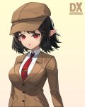  1girl :o absurdres black_hair breasts brown_headwear brown_jacket buttons cabbie_hat collared_shirt commentary_request flat_cap hat highres jacket knuo_dx long_sleeves medium_breasts necktie no_wings official_alternate_costume pointy_ears red_eyes red_necktie shameimaru_aya shameimaru_aya_(newsboy) shirt short_hair simple_background suit_jacket tie_clip touhou upper_body white_shirt 