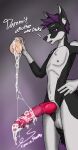 absurd_res alpaccasneaky anthro balls big_penis bodily_fluids canid canine cum erection genital_fluids genitals girly hair hi_res knot lube male mammal nipples penetrable_sex_toy penis purple_eyes purple_hair sex_toy solo vein 