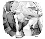  1girl ass_visible_through_thighs blush breasts curly_hair dress greyscale high_heels looking_at_viewer micro_panties mogudan monochrome on_vehicle one-punch_man panties partially_visible_vulva pov short_hair skirt small_breasts solo_focus spread_legs tatsumaki thighs turtleneck_dress underwear 