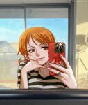  1girl alternate_costume artist_name cellphone closed_mouth commentary english_commentary highres holding holding_phone mrs.custard nami_(one_piece) one_piece one_piece_(live_action) orange_eyes orange_hair phone photo_background selfie short_hair signature smartphone smile solo twitter_username 