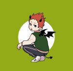  1boy black_eyes black_horns black_wings chinese_commentary commentary_request demon_boy demon_horns demon_tail demon_wings full_body green_background green_jacket grey_pants highres horns jacket long_sleeves looking_at_viewer male_focus meowzng mob_psycho_100 open_mouth orange_hair pants pointy_ears shoes short_hair simple_background sneakers solo squatting suzuki_shou tail white_footwear wings 
