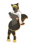  absurd_res anthro black_body black_fur blonde_hair canid canine clothed clothing clothing_lift female fox fur green_eyes hair hi_res high-angle_view hoodie mammal no_underwear solo topwear unknown_(artist) yellow_body yellow_fur 