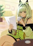  1girl absurdres animal_ear_fluff animal_ears arknights armchair bare_shoulders chair commentary_request cup dated dress green_dress green_eyes green_hair green_jacket hair_intakes hands_up highres holding holding_cup indoors jacket k-yosinori kal&#039;tsit_(arknights) long_sleeves off-shoulder_jacket off_shoulder on_chair parted_lips plant potted_plant puffy_long_sleeves puffy_sleeves saucer signature sitting solo table tile_floor tiles 