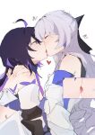  2girls absurdres ahoge blush bronya_rand closed_eyes commentary_request french_kiss grey_hair hands_on_another&#039;s_shoulders heart highres honkai:_star_rail honkai_(series) kiss multicolored_hair multiple_girls purple_eyes purple_hair seele_(honkai:_star_rail) tongue user_ndvv2844 yuri 