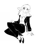  bellbottoms black_and_white bovid caprine clothed clothing cross crossdressing curved_horn eyelashes footwear gabriel_(crovirus) girly hi_res high_heels holy_cross horn male mammal monochrome neck_tuft sheep simple_background sitting solo suit the-hydroxian tuft white_background 