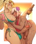  2girls ass_grab beer_bottle bikini blonde_hair blue_eyes blush bottle breasts can cleavage collarbone commission cross_scar dahlia_(sulcate) dark-skinned_female dark_skin erection eyepatch eyewear_on_head futanari green_bikini heterochromia highres holding holding_bottle holding_can large_breasts licking licking_breast looking_at_another multiple_girls muscular muscular_female nipples open_mouth original parted_lips penis red_bikini red_eyes scar scar_across_eye short_hair sulcate sunglasses swimsuit tongue tongue_out white_hair 