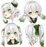  +_+ 1girl :d :o alternate_hairstyle bow cropped_shoulders dot_mouth double_bun from_side genshin_impact gotou_(nekocat) gradient_hair green_eyes green_hair green_ribbon hair_bow hair_bun hair_ribbon high_ponytail highres long_hair looking_at_viewer low_twintails multicolored_hair multiple_views nahida_(genshin_impact) pointy_ears ribbon signature simple_background smile straight-on sweat twintails two_side_up white_background 