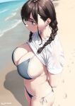  1girl beach bikini blue_bikini blue_eyes braid breasts brown_hair clothes_lift jonsun large_breasts mole mole_under_eye navel ocean original shirt shirt_lift solo swimsuit tamami_(jonsun) twin_braids twitter_username wet white_shirt 