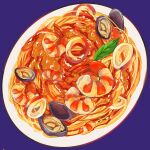  blue_background food food_focus haruka_(pixiv_5761359) leaf no_humans noodles original pasta plate seafood shrimp simple_background still_life 
