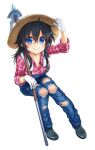  1girl adjusting_clothes adjusting_headwear ahoge black_hair blue_eyes boots breasts cleavage closed_mouth collarbone cover cover_page denim full_body gloves hair_between_eyes hat highres hisasi jeans large_breasts looking_at_viewer netoge_no_yome_wa_onna_no_ko_janai_to_omotta? novel_cover official_art pants plaid plaid_shirt red_shirt rubber_boots second-party_source shirt simple_background sitting smile solo staff straw_hat suspenders tamaki_ako torn_clothes torn_jeans torn_pants towel towel_around_neck white_background white_gloves 