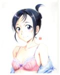  1girl absurdres black_hair blue_eyes bra breasts colored_pencil_(medium) dressing hair_up highres kimi_wa_houkago_insomnia magari_isaki simple_background small_breasts smile solo traditional_media underwear upper_body white_background y_takeshinu_wan 