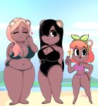  &lt;3 absurd_res anthro beach bear big_breasts bikini blush breasts chubby_female cleavage clothed clothing eyes_closed female gesture group hair hair_over_eye hand_on_hip hi_res huge_breasts looking_at_viewer mammal navel one-piece_swimsuit one_eye_obstructed onibi seaside swimwear thick_thighs trio v_sign 