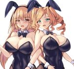  2girls alternate_costume animal_ears black_leotard black_pantyhose blonde_hair blue_eyes blush bow bowtie breasts brooklyn_(kancolle) brown_eyes cleavage cropped_legs fake_animal_ears highres honolulu_(kancolle) kantai_collection large_breasts leotard locked_arms long_hair looking_at_viewer montemasa multiple_girls open_mouth pantyhose playboy_bunny short_hair simple_background smile strapless strapless_leotard traditional_bowtie twintails white_background wrist_cuffs 