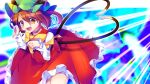  1girl animal_ears brown_eyes brown_hair cat_ears cat_girl cat_tail chen fang green_headwear hat kujou_mikuru long_sleeves looking_at_viewer mob_cap open_mouth paw_pose red_skirt ribbon short_hair skirt smile solo tail touhou yellow_ribbon 