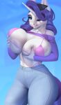  2023 anthro artist_name big_breasts blue_bottomwear blue_clothing blue_eyes blue_jeans blue_pants bottomwear bra breasts clothed clothing denim denim_clothing digital_media_(artwork) equid equine evehly eyebrows eyelashes female fingers friendship_is_magic hair hasbro hi_res holding_breast horn huge_breasts jeans jewelry long_hair mammal my_little_pony necklace one_eye_closed pants pink_bra pink_clothing pink_underwear purple_clothing purple_hair purple_topwear rarity_(mlp) signature solo tail text topwear underwear unicorn url 