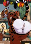  angry anthro anus big_butt butt cleavage_cutout clothing dreamworks dress felid female glistening glistening_body hi_res kung_fu_panda long_dress looking_back mammal master_tigress micemousse pantherine public restaurant solo surprised_expression tagme tiger 