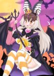  1girl absurdres alternate_costume animal animal_ears bat_(animal) bat_ears bat_girl bat_wings brown_eyes brown_hair brown_long-eared_bat_(kemono_friends) cloak elbow_gloves extra_ears fingerless_gloves gloves grey_hair halloween halloween_costume heart highres kemono_friends kemono_friends_v_project kneehighs leotard long_hair looking_at_viewer oaug241 ribbon simple_background skirt socks virtual_youtuber wings 