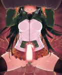  1boy 1girl anal black_thighhighs blush breasts clenched_teeth green_hair hetero highres hood hooded_jacket jacket long_hair long_sleeves miniskirt null_(nyanpyoun) orange_skirt penis pillow pillow_grab pleated_skirt sex skindentation skirt solo_focus teeth thighhighs touhoku_zunko voiceroid 