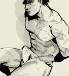  1boy aoi_(husiginokuninoa) arms_behind_back bara bulge erection erection_under_clothes feet_out_of_frame from_side fundoshi golden_kamuy greyscale hat japanese_clothes kepi large_pectorals male_focus military_hat monochrome muscular muscular_male pectorals scar scar_on_face scar_on_mouth scar_on_nose short_hair sitting solo sugimoto_saichi sweatdrop 