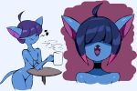  2019 anthro biped blue_body blue_hair bust_portrait choker eyeless fangs featureless_crotch furniture generation_1_pokemon girly hair hair_over_eyes holding_mug holding_object humming jewelry leaning_on_table lips male mug multiple_images musical_note necklace nintendo noriega nude open_mouth pokemon pokemon_(species) pokemorph portrait purple_background purple_hair simple_background smile solo steam table tail teeth white_background wide_hips zubat 