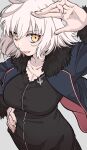  1girl absurdres anianiani0607 fate/grand_order fate_(series) fur_trim highres jeanne_d&#039;arc_alter_(fate) jeanne_d&#039;arc_alter_(ver._shinjuku_1999)_(fate) jewelry necklace open_mouth simple_background smile solo type-moon upper_body white_background white_hair yellow_eyes 