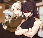  ... 2girls :d alternate_costume anafuu bare_arms bare_shoulders beidou_(genshin_impact) black_shirt blurry blurry_background blush brown_shirt commentary_request crossed_arms eyepatch genshin_impact highres long_hair long_sleeves multiple_girls ningguang_(genshin_impact) ponytail red_eyes shirt sleeveless sleeveless_shirt smile spoken_ellipsis white_hair 