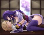  1boy 1girl absurdres aether_(genshin_impact) armor blonde_hair breasts cleavage closed_mouth detached_sleeves genshin_impact highres holding musanix ponytail purple_eyes purple_hair raiden_shogun shoulder_armor simple_background sitting sitting_on_person smile thighs wooden_floor 