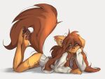  2023 5_fingers absurd_res anthro apogee_(tinygaypirate) bottomless brown_eyes brown_hair canid canine canis clothed clothing domestic_dog ear_piercing eye_piercing female fingers fur hair hi_res inner_ear_fluff leg_tattoo legs_up long_hair long_tail looking_at_viewer lying mammal on_front one_ear_up partially_clothed pawpads paws piercing resting_on_arms simple_background solo sweater tail tan_body tan_fur tattoo thigh_tattoo tinygaypirate topwear topwear_only tuft white_background 