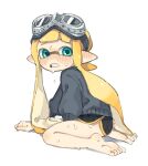  1girl barefoot black_shorts blonde_hair blue_eyes blush daidaiika domino_mask ear_blush feet from_side goggles goggles_on_head grey_sweater inkling inkling_girl long_hair looking_at_viewer mask open_mouth pointy_ears short_shorts shorts sitting soles solo splatoon_(series) suction_cups sweat sweater tentacle_hair thighs toes 