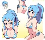  1girl ass bare_shoulders bikini blue_bikini blue_eyes blue_hair borrowed_character breasts cleavage dashi ear_piercing halterneck highres iru_may_(akairiot) licking_lips long_hair looking_at_viewer medium_breasts original piercing ponytail side-tie_bikini_bottom simple_background smile solo string_bikini swimsuit tongue tongue_out 