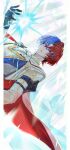  1boy alear_(fire_emblem) alear_(male)_(fire_emblem) black_gloves blue_eyes blue_hair cape closed_mouth fire_emblem fire_emblem_engage gloves highres long_sleeves looking_back milkbean multicolored_hair red_eyes red_hair short_hair solo two-tone_hair 