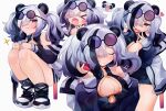  &gt;_&lt; 1girl :3 animal_ears arknights bare_shoulders black_dress black_hair blush blush_stickers breasts chibi china_dress chinese_clothes cleavage_cutout closed_eyes clothing_cutout commentary cowboy_shot dress eyewear_on_head feater_(arknights) full_body grey_hair hair_over_one_eye headphones heart highres infection_monitor_(arknights) jacket large_breasts multicolored_hair multiple_views off_shoulder open_mouth panda panda_ears panda_girl purple-tinted_eyewear purple_eyes round_eyewear shoes simple_background sneakers sparkle squatting streaked_hair sunglasses takumi_mizuki thighs thumbs_up tinted_eyewear upper_body v white_background 